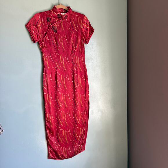 ZH Dresses & Skirts - Vintage Chinese Qipao Women's XS/32 Red Black 100% Dress Mandarin Collar Retro